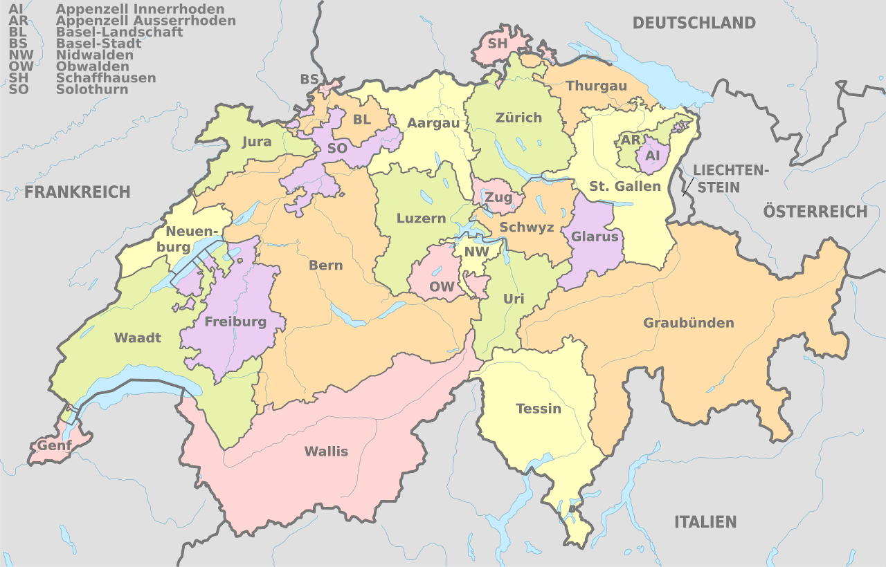 Eine Landkarte der Schweiz zeigt die Kantone. Urheber: TUBS via Wikimedia Commons | unv. Version vom 16:15, 9.1. 22
